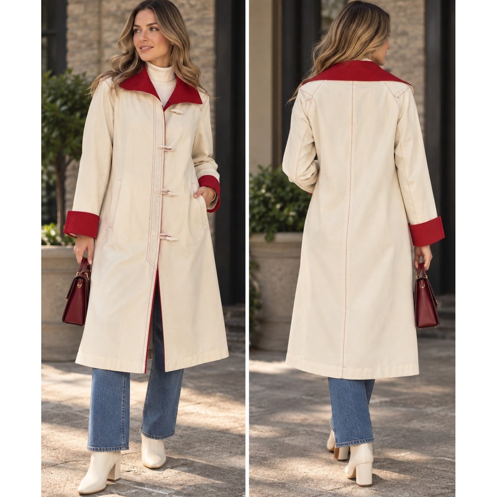 Vintage Mulberry Street 1970s Toggle Coat Cream Red Size 10 Mid Length Outerwear